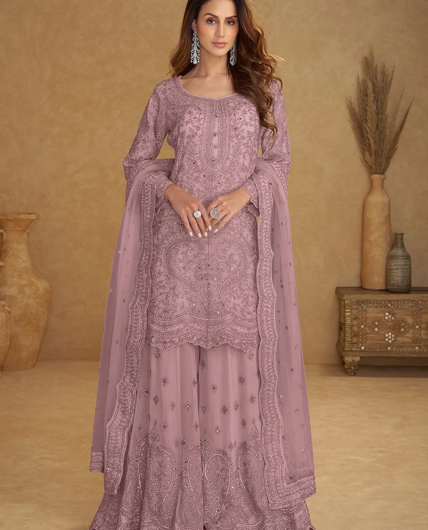 8113-B - Net Dusty Pink Embroidered Wedding Palazzo Suit